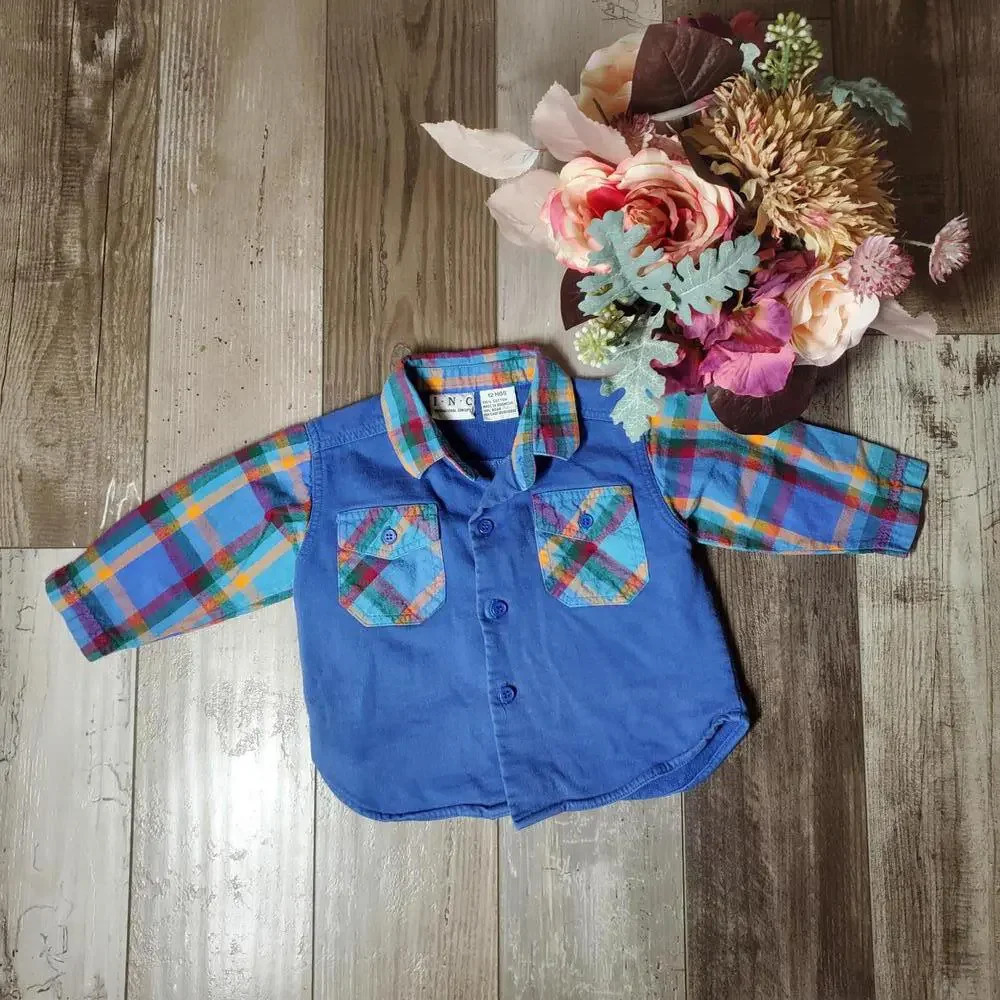 INC Boys Blue and Rainbow Plaid Button Down Shirt Size 12m 100% Cotton